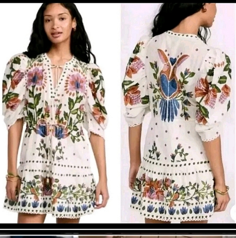 FARM Rio Floral Embroidered Mini Dress - White, Blue, Pink, Green